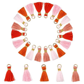 20 x Kwastjes 10~15 mm – gat 1,5 mm – rood/roze tinten met goud draad