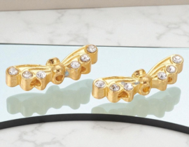 2 x Metalen vleugelkraal - verdeler - met 3 gaten – goudkleur met strass – 21,5 x 6 x 4 mm – gaten: 1,5 mm