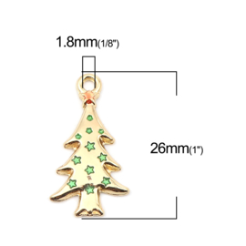 2 x vergulde kerst bedel van een kerstboom afm. 26mm x 14mm oogje 1,8 mm