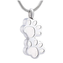 201 RVS Gedenk hanger mini urn  15 x 27mm met bedel dieren pootje 15,3x14,8mm  incl. RVS ketting 50cm
