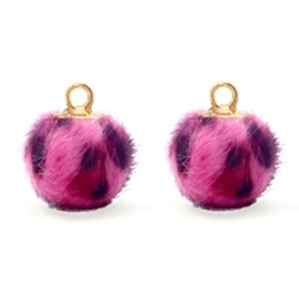 Pompom bedels Faux fur leopard Goud Neon pink 12mm (op = op!)