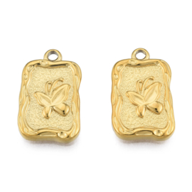 1 x Ion Plating (IP) RVS 304 vlinder bedel Real 18k Gold Plated, 22 x 14 x 2,5mm oogje 2mm