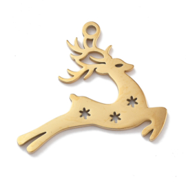 1 x  RVS 304 Hert Rendier Bedeltje Laser cut Real 18K Gold Plated, 20 x 24 x 1mm, Oogje: 1,5mm