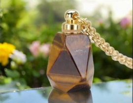 Gedenk hanger mini urn van edelsteen Tijgeroog met RVS ketting goudkleur