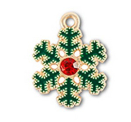 2 x  Bedels metaal zirkonia sneeuwvlok Goud-groen-rood ca. 22x17mm (Ø2mm) (Nikkelvrij)