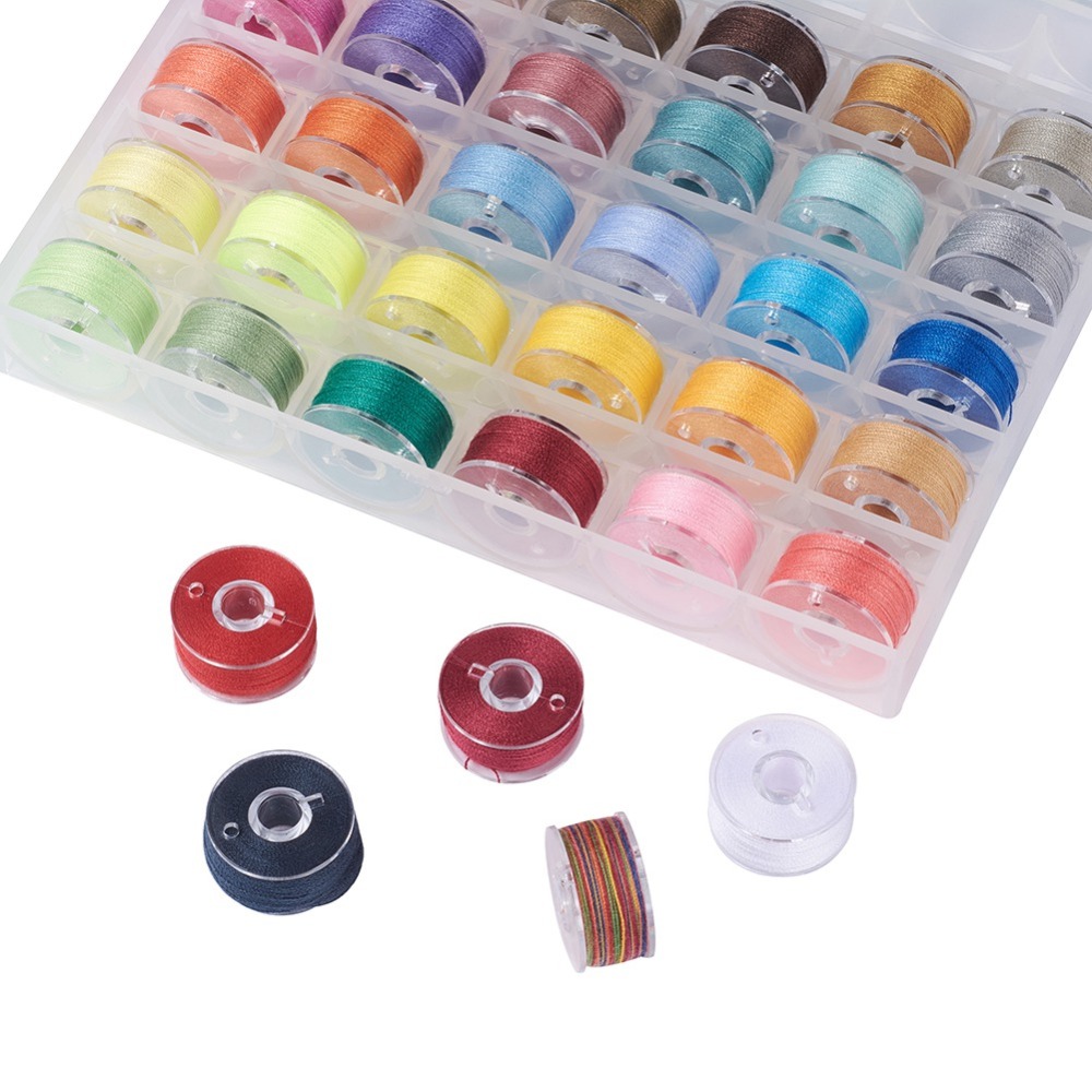 Set van 36 x Polyester naaigaren op kunststof spoeltjes met transparant opbergdoosje – gemixte kleuren – 0,1 mm – 50 meter per rol