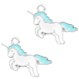 2x Metalen bedels unicorn Silver-turquoise blue