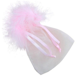 1 x Luxe organza cadeau-zakje licht roze met veertjes 8 x 10cm