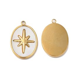 1 x RVS 304 Ion Plating (ip) Bedel met schelp ovaal ster wit, 14K goldplated 20,5 x 14 x 2mm oogje 1,5mm