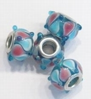 Per stuk Glaskraal European-style aqua met roze druppels 14 mm