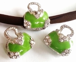 Per stuk European Jewelry kraal metaal tasje groen met strass antiek zilver 15 mm