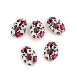 5 x handbeschilderde kauri schelp kralen met fuchsia  luipaard print 25 x 17mm-18mm x 14mm zwart