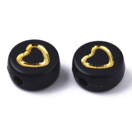 20 x Letterkralen van acryl hartjes Black-gold ca. 7mm (Ø1.8mm) ♥