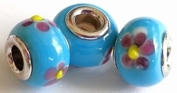 Per stuk Glaskraal European-style aqua met roze bloem 14 mm