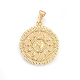 1 x RVS 304 HART - ZON bedel Goud kleur,  28,5 x 25 x 2,5mm, Bails: 11 x 5mm
