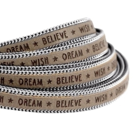 20 cm  Quote imi leer 10mm met schakelketting zilver - Wish dream believe - Terra brown ♥