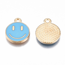 2 x Bedel Enamel light gold Smiley 14,5 x 12mm oogje: 1,5mm deep sky blue