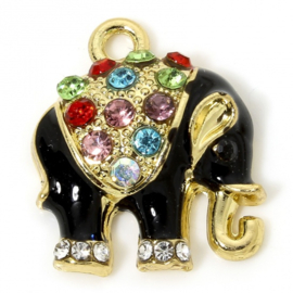 1 x Vergulde bedel zwarte enamel Olifant met strass 18mm x15mm oogje 2mm