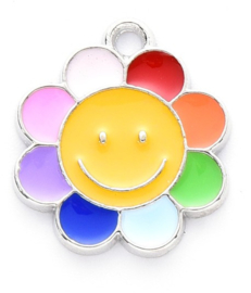 4 x Bedel Enamel bloem smiley silver 18,5 x 16 x 1,5mm oogje: 1,6mm