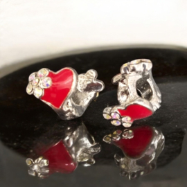 1 x  Metalen European Jewelry bedel kraal, Hart rood met strass 17 mm, gat 5mm