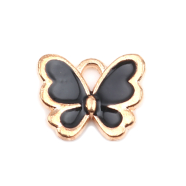 2 x DQ vlinder bedel gold plated zwart 13mm x 11mm oogje 2mm