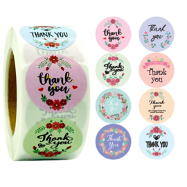 1 rol 500 stickers Wensetiket zegel rond 25mm Thank You mix 8 soorten