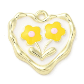 Bedel hart met bloemen wit  licht goud Afm: ca 18x18x3mm, Ø1.6mm
