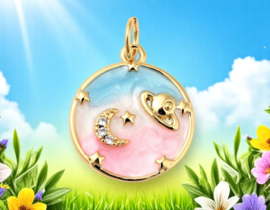 Bedel maan en planet blauw roze, emaille met Zirconia , 18K Gold plated 16,5 x 14 x 2,5mm oogje 3,4mm (Nikkelvrij)
