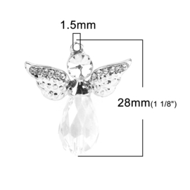 Metalen en Crystal hanger bedel engel met strass christal zilver 28mm x 25mm oogje 1,5mm