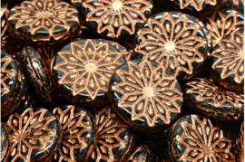 2 x Tsjechische Glaskralen Origami Flower Beads 18x18mm zwart rose goud