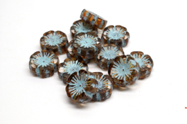 2 x  Tsjechische Glaskralen TCB Table Cut Beads Hawaiian Flower Beads 14x14mm grijs blauw