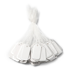 100 x Prijslabeltjes rechthoek 25,5 x 13 mm – koord ca. 10,1 cm – wit met zilverkleurig randje