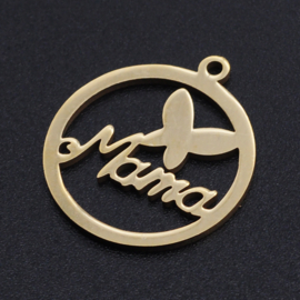 1 x RVS 201 Ronde Mama vlinder bedel Goud kleur laser cut ,  22,5 x 19,5 x 1mm oogje:  1,4mm
