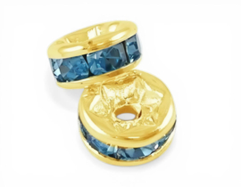 25 x Kristal spacers rondelle 8 x 3,8 mm – gat 1,5 mm – aquamarine goudkleur (Nikkelvrij)