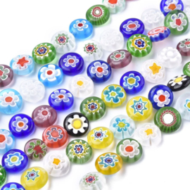 10 x Handgemaakte Millefiori glaskralen plat rond, 12 x 5mm gat: 1mm