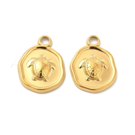 1 x Ion Plating (IP) RVS 304 schildpad bedel Real 18k Gold Plated, 16,5 x 13 x 2,5 mm oogje 2mm