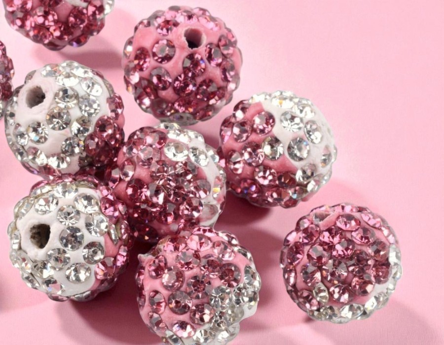 2  x Shamballa kraal 9~10 mm – rose-wit – rijggat ca. 2 mm