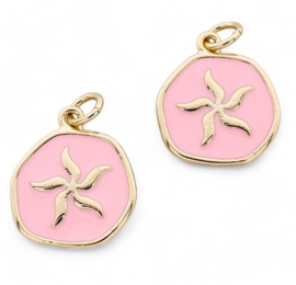 Bedel roze emaille met zeester, 18K Gold plated 16,5 x 14,5 x 2,5mm oogje 3,5mm