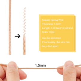 1 meter x 1,5mm koper spiraaldraad, verguld messing, duurzame plating