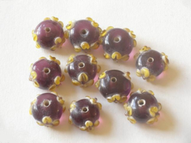 10 stuks  Aubergine-geel-wit  lampwork glaskraal afm. 13 x 18mm gat: 2mm