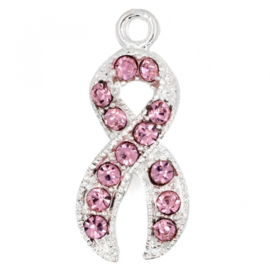 Pink Ribbon bedeltje verzilverd met strass 20 x 10mm ♥ (Nikkelvrij)