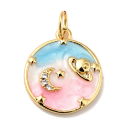 Bedel maan en planet blauw roze, emaille met Zirconia , 18K Gold plated 16,5 x 14 x 2,5mm oogje 3,4mm (Nikkelvrij)