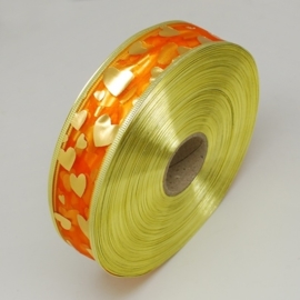 1 meter oranje organza lint met goud glitter rood 38mm hart met metaaldraad