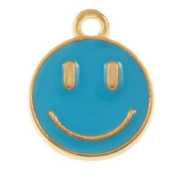 2 x Bedel Enamel light gold Smiley 14,5 x 12mm oogje: 1,5mm deep sky blue