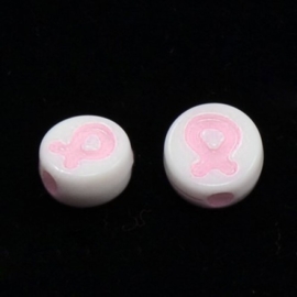 Zakje met 25 acryl kralen, plat rond met een awareness ribbon 8mm Gat 1mm