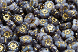 4 x Tsjechische Glaskralen Mallow Flower Pressed Beads  8x8mm grijs