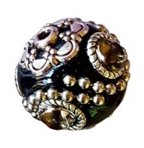 Handgemaakte Bohemian kraal, Kashmiri kraal 20mm ingelegd met metaal & strass zwart met grijze steen