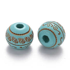 5 x Bohemian houten kralen rond 10mm patroon Turquoise Maat: ca. 9x10mm (Ø2.5mm)