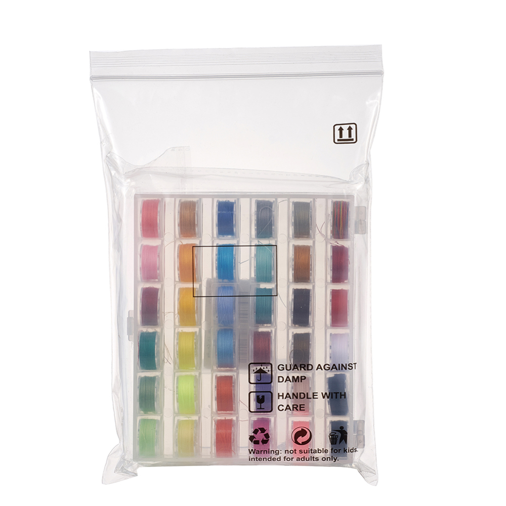 Set van 36 x Polyester naaigaren op kunststof spoeltjes met transparant opbergdoosje – gemixte kleuren – 0,1 mm – 50 meter per rol