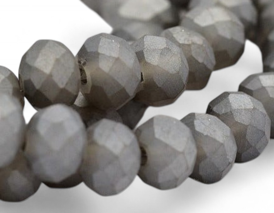 1 x Streng met ca. 100 stuks glaskralen facet rondelle briolette kristal, pearl luster plated – 6 x 4mm, gat 1 mm – Slate Gray